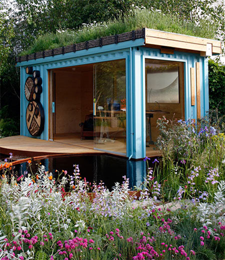 Green Roof Shelters' Container Home Office has a native wildflower growing roof