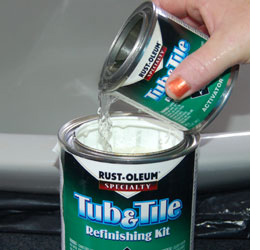 Rust-Oleum Tub & Tile Refreshing Kit comes with a tin of Base and a tin of Activator. After stirring both tins well, the Activator is poured into the Base tin and stirred well. That is all that is required and you are now ready for painting.