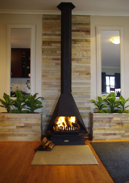 diy wall cladding and built in fireplace