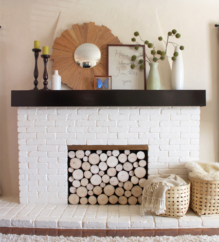 Faux log panel for real or faux fireplace