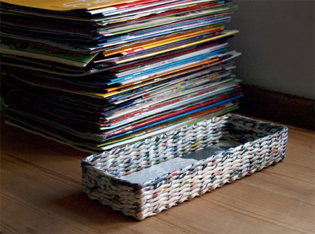 Make rolled newspaper 'wicker' baskets 