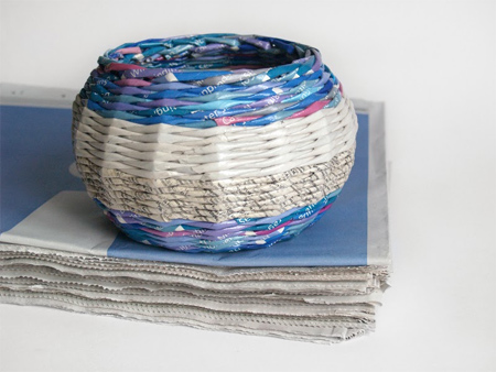 Make rolled newspaper 'wicker' baskets 