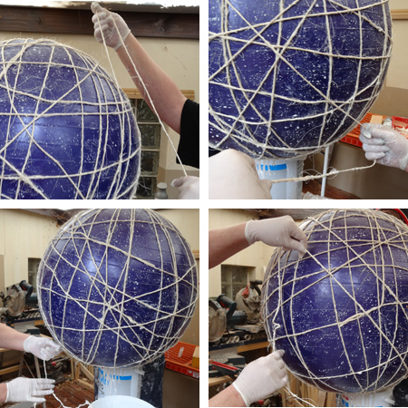 Extra large string lampshade using pilates ball or large balloon wrapping ball with twine