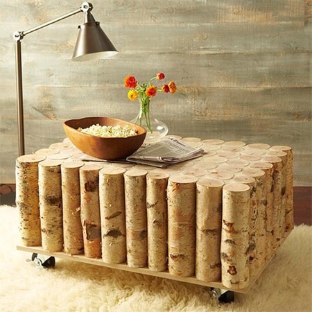 One-of-a-kind coffee tables from reclaimed timber with birch logs