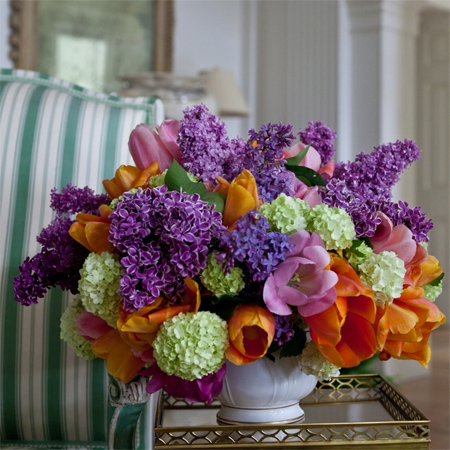 lilacs and tulips fresh spring flower arrangement display