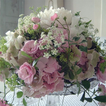 pink and white spring flower display arrangement