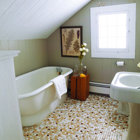 bathroom renovation revamp makeover ideas paint wall panels mosaic floor tiles