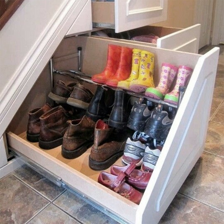 Shoe storage ideas under stairs pullout rack drawer