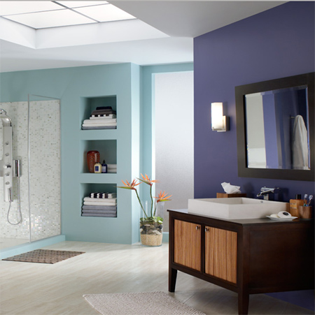 Be bold with colour and create a contemporary bathroom with light blue and purple walls. When painting bathroom walls, choose a paint designed specifically for use in bathrooms.