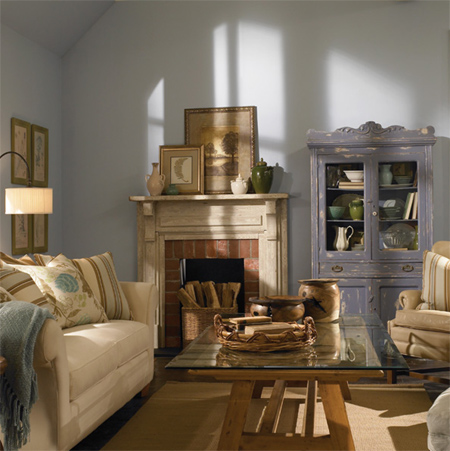 Rustic interiors love blue. It brings out the colour in cream and ivory furnishing, creating a depth to room settings.