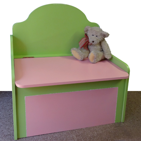 Storage bench that's also a toybox in rust-oleum 2x apple green and sweet pea