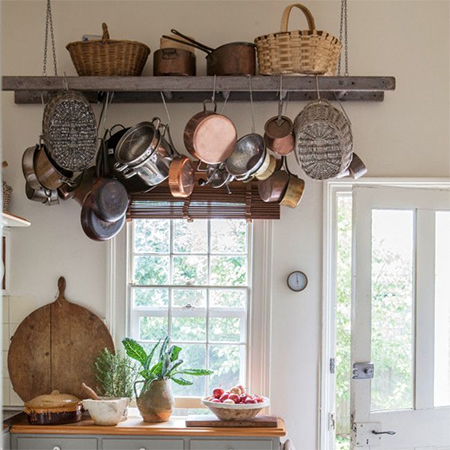 recycled step ladder as hanging rack for pots and pans