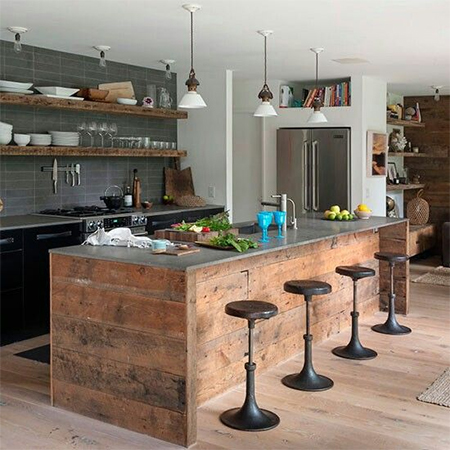 reclaimed wood with steel cladding on top for kitchen island