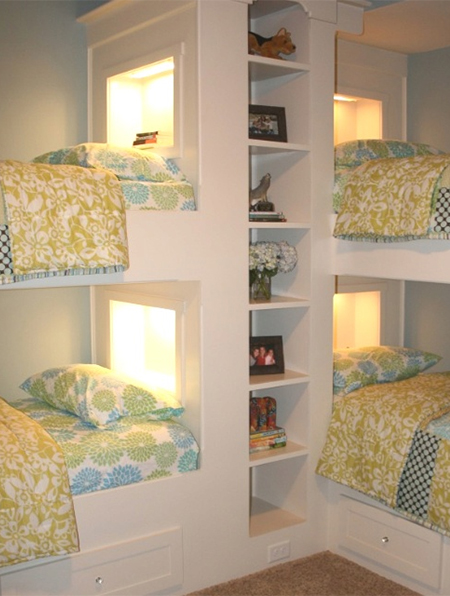 4 children bunk beds in small shared bedroom