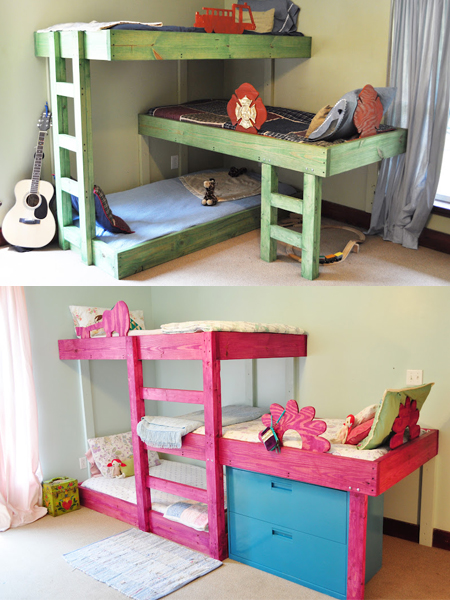 3 children bunk beds in small shared bedroom