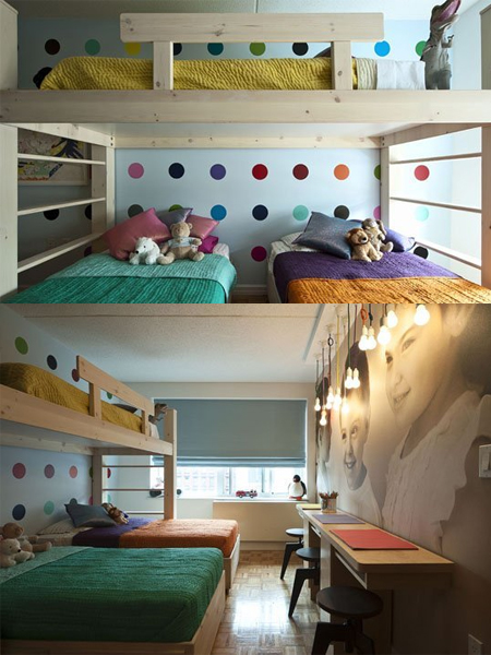 3 children bunk beds in small bedroom