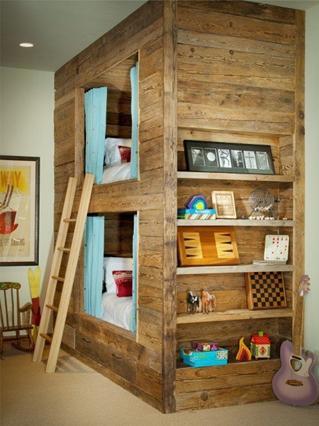 rustic bunk beds in small shared bedroom