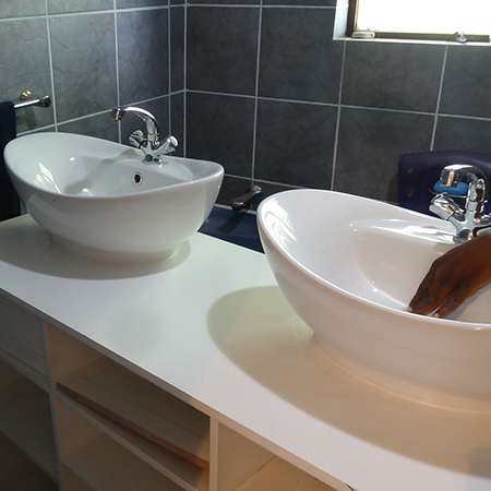 replace pedestal sink with double his and hers bathroom vanity basins