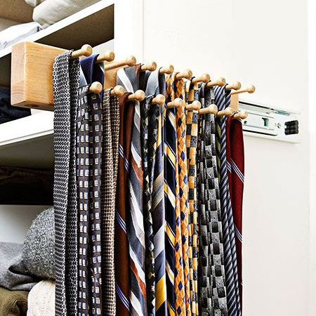 tie rack mounted on drawer runners for space saving closet ideas