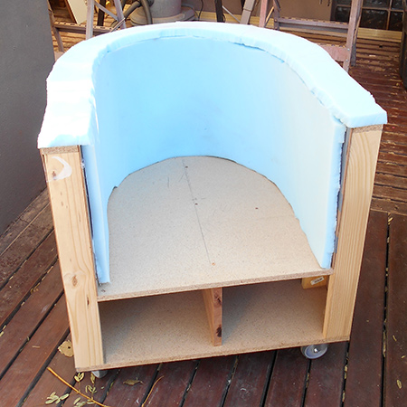 The tub chair was then clad with 25mm thick medium-density foam glued to hold it in place.