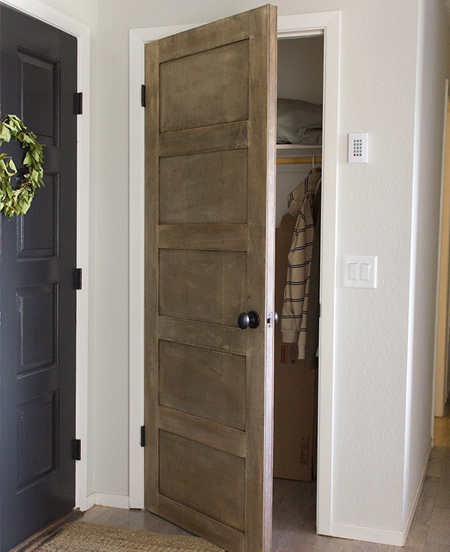 Plywood strips applied to interior doors add a new level of detail to plain hollow core doors.