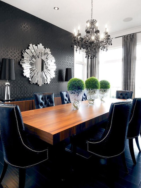 Black wallpaper is the perfect finishing touch for this formal dining room