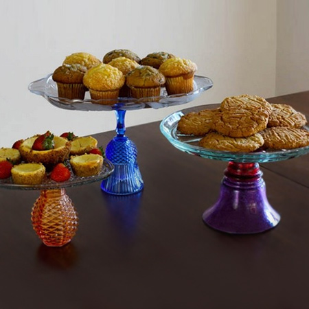 cake stands using glasses and glass plates