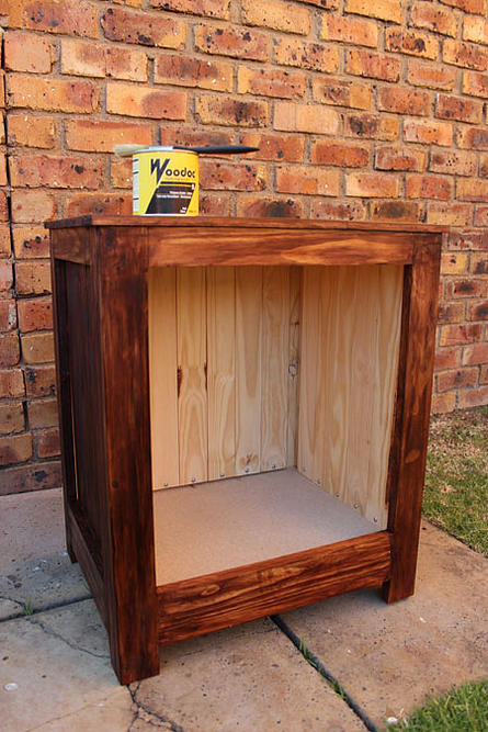 woodoc 5 polywax sealer on pine tongue and groove bedside cabinet