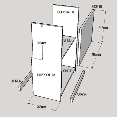 3. Assemble the cubby section by attaching the uprights to the bottom and top shelves. This bottom shelf is 50mm up from the bottom and the top shelf is 400mm up from the bottom. Measure, mark and pre-drill two 3mm countersunk pilot holes through the sides for each shelf and secure with 40mm screws.