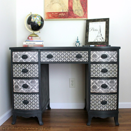 chest of drawers is transformed using paint, scrapbook paper and ModPodge