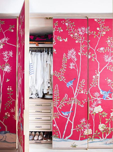 Dress up closet doors with fabric, wallpaper or panelling