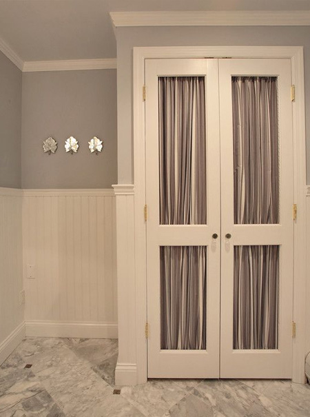 Dress up closet doors with fabric, wallpaper or panelling