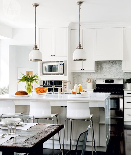 Modern pendants or other accent lighting fixtures add instant elegance to a kitchen