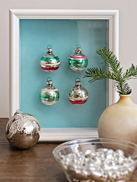 mount old baubles in picture frames for festive display
