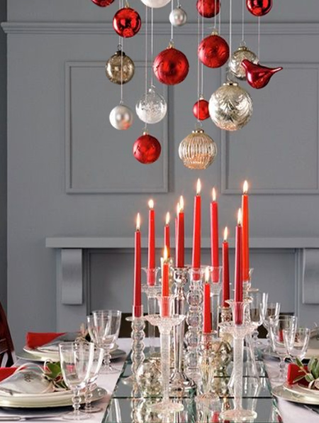 hang an arrangement of old baubles above the festive table