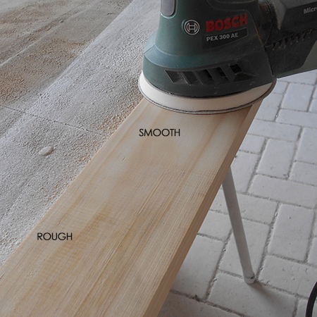 Start off sanding with 120-grit sanding pads to remove the roughness left by the cutting blade and then sand again with 240-grit for a smooth finish