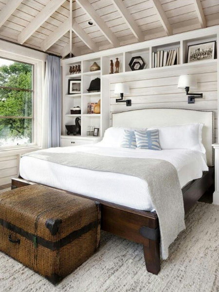 Storage ideas around the headboard to fit style of room
