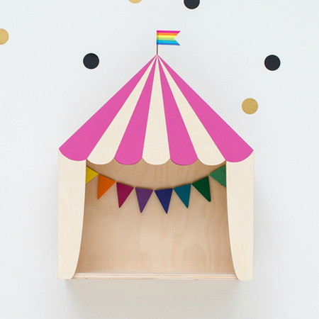 Just the place for all the pets and wild animals, clowns, puppets and everybody who can do a nice trick. The circus shelf is made of plywood and available in a variety of colours.