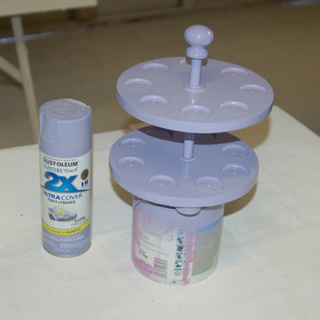 We chose to use Rust-Oleum 2X satin French Lilac for our Nail Polish Carousel.