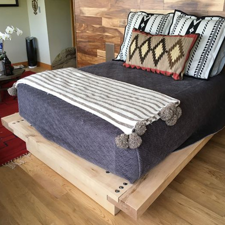 There are no measurements provided, but the size of frame and base is determined by the size of your mattress. In this way, you can use the method shown here to make a chunky platform bed to any size. 