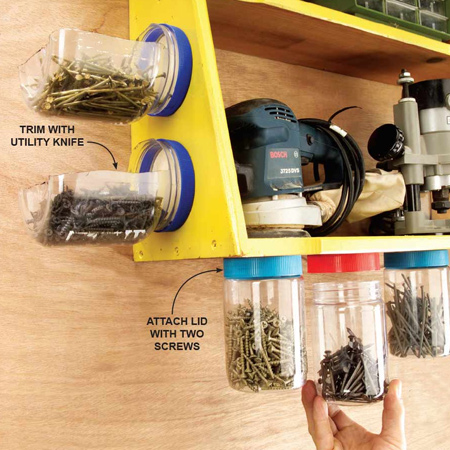 HOME-DZINE | Workshop Organisation - In a small workshop, use recycle small plastic food jars to corral your accessories. These jars can be mounted to the side of a cabinet, or secured underneath a shelf to allow you to see what's inside and have easy access.
