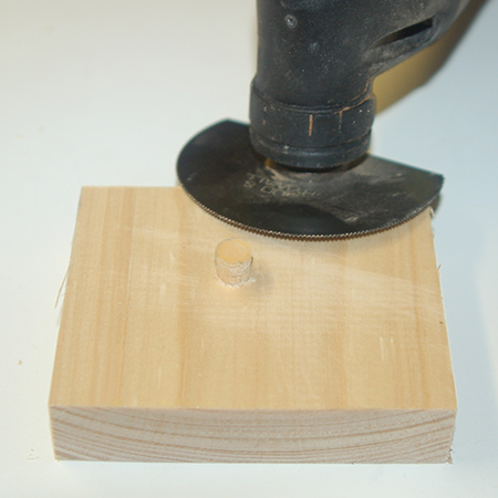 Let the glue dry before cutting off the top of the plug. We use a Dremel MultiMax to do this. Leave about 2 to 3mm above the wood to avoid damaging the surface of your project.