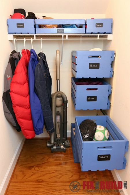 Here's a clever way to use the storage crates we made to set up a pullout storage system that can be used to store items and contain clutter almost anywhere in a home.