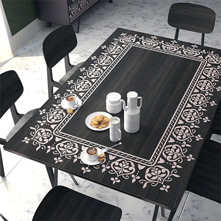 Using a stencil it's easy to add a unique stencilled pattern to a dining table.