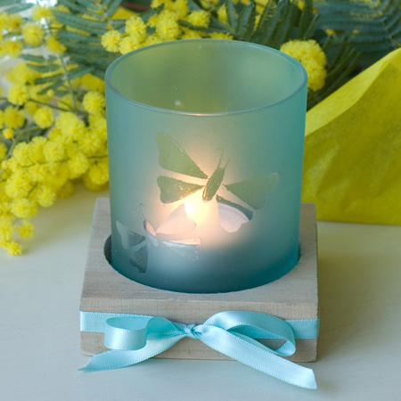Seaglass votive with engraved butterfly design