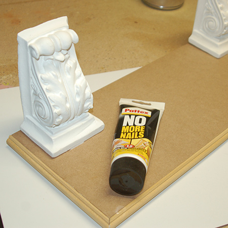 5. At the same time you can use adhesive to secure the corbels to the underside of the shelf.