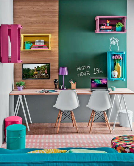 beautiful home office ideas - colourful walls and accessories
