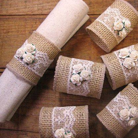 add an extra element to your dining table with burlap serviette rings, or wrap plain glass accessories with burlap, lace and ribbon. 