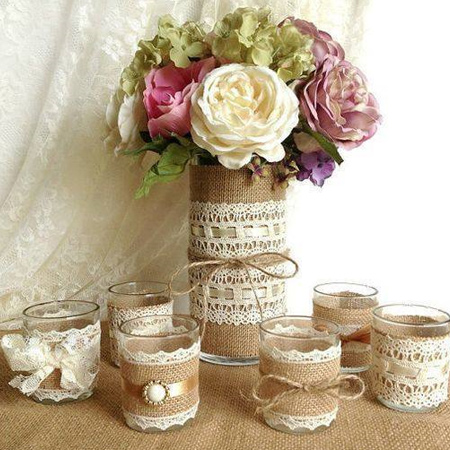 Don't stop now... add an extra element to your dining table with burlap serviette rings, or wrap plain glass accessories with burlap, lace and ribbon. 