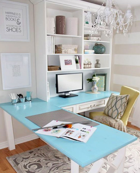 beautiful home office ideas - Turquoise desk top in white room